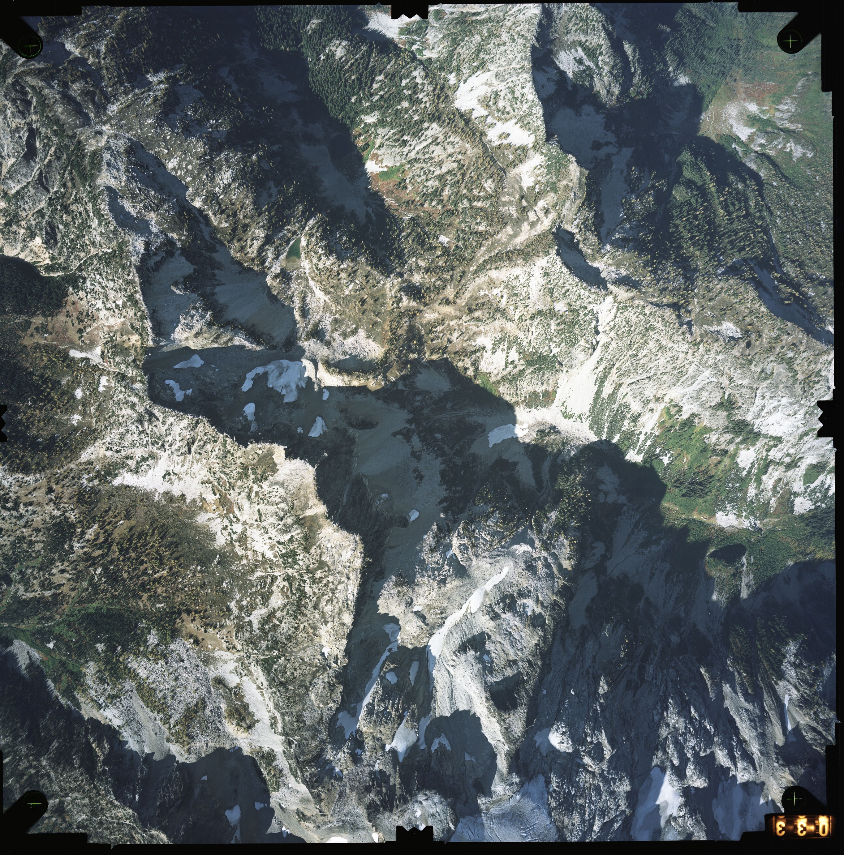 Color aerial photograph of glacier and snowfields on mountain peak with forested valleys below.