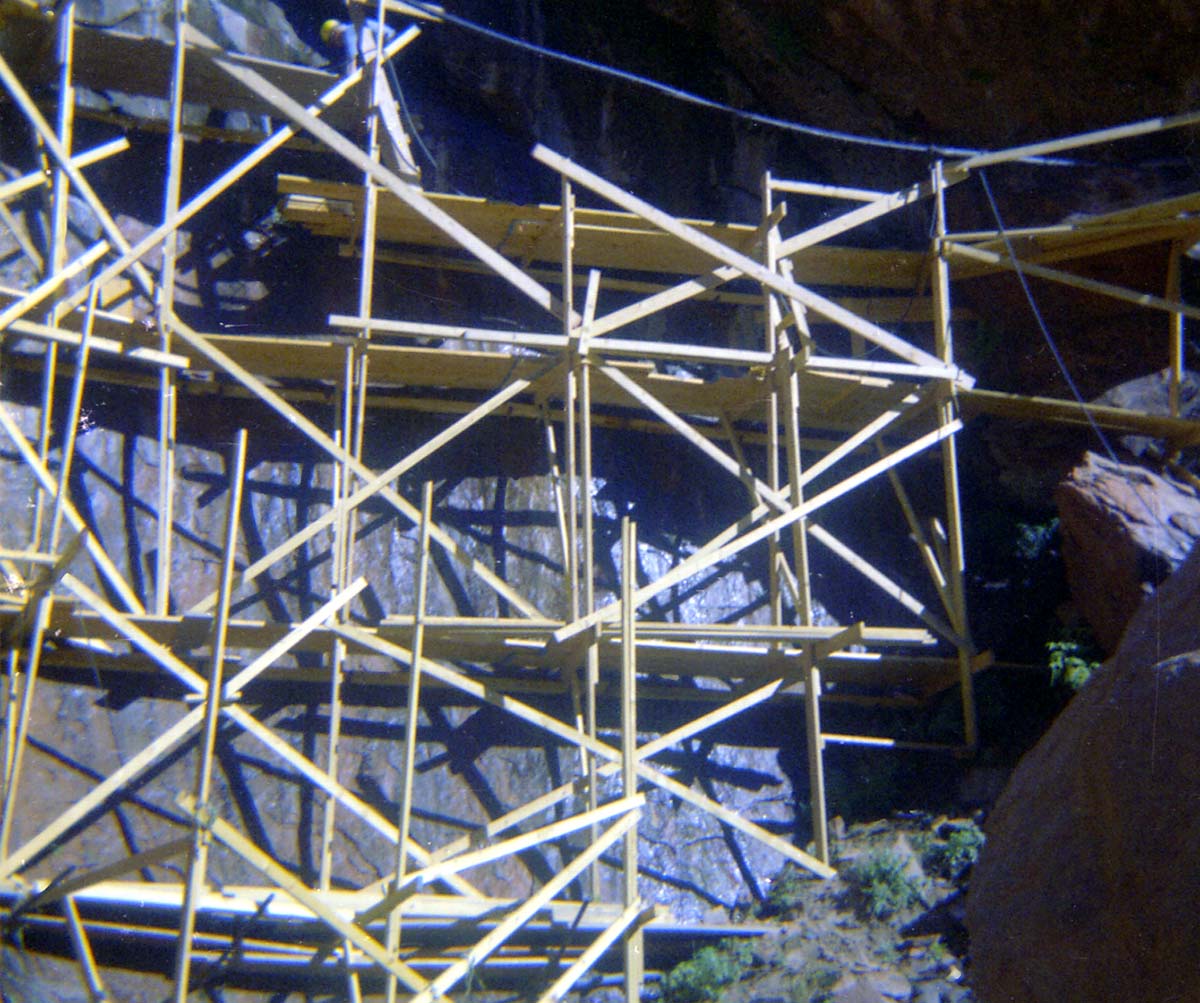 Scaffolding construction and use at the Temple of Sinawava during a spring project.