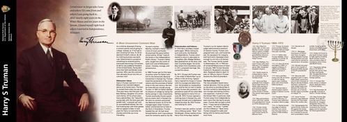 Image of President Harry S Truman, Truman as a young man, as County Judge, his family, his wife Bess as a young girl, a Jewish Menorah.