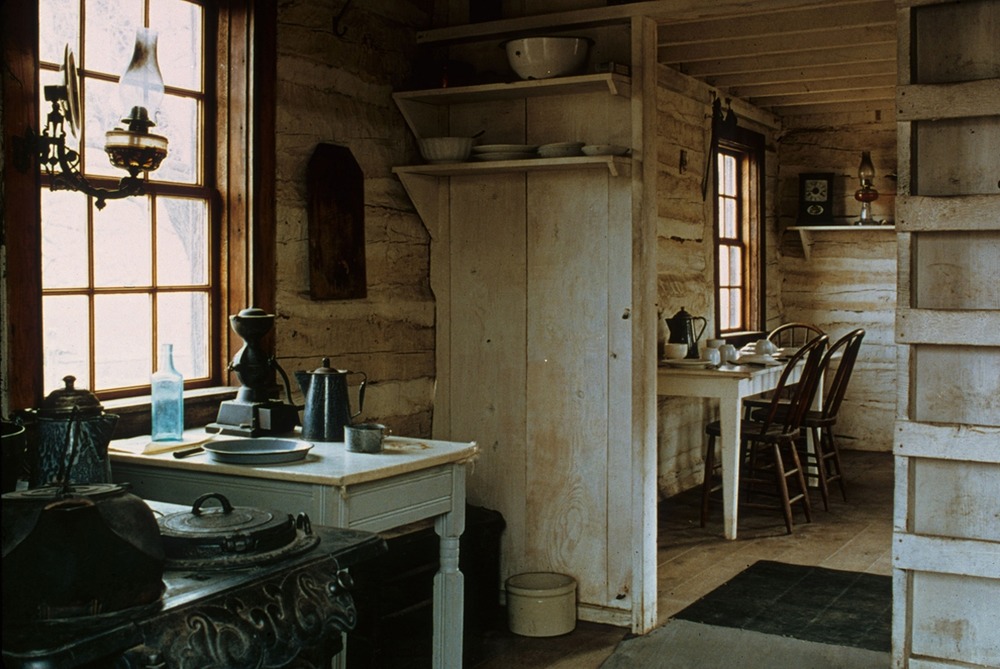 The Maltese Cross Cabin's kitchen with period furnishings.