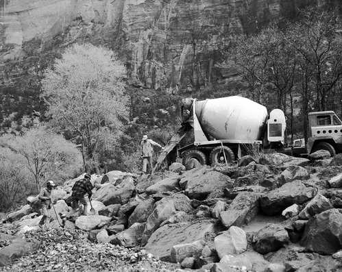 River work, pouring cement for revetment work.