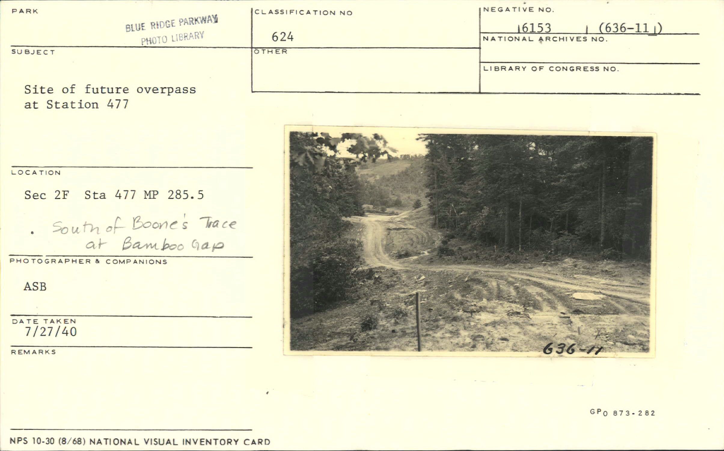 Site of future overpass at Station 477, south of Boone's Trace at Bamboo Gap