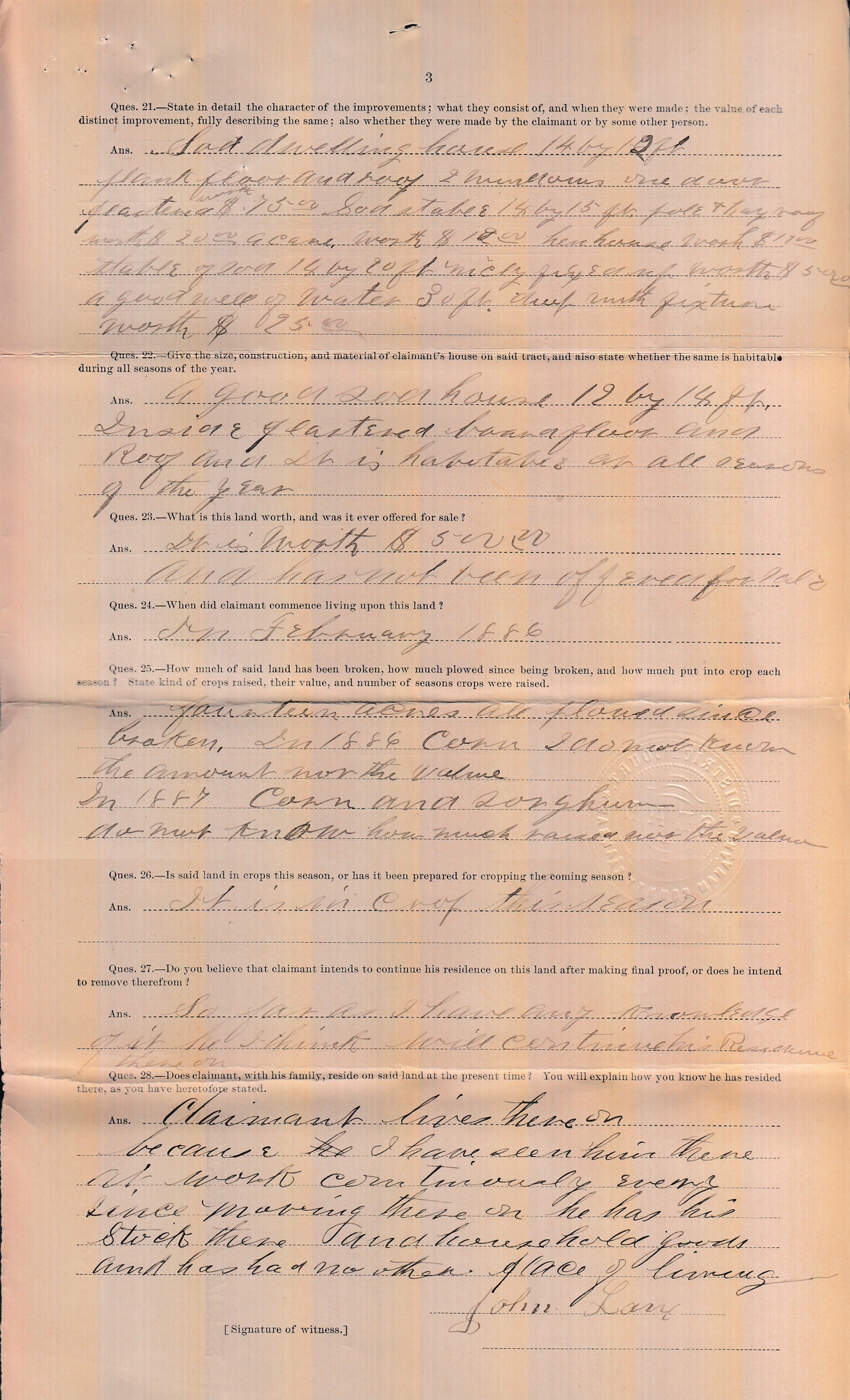 Scanned image of a witness testimony form. See description for text.