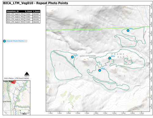 Map of repeat photo point locations for one of fifteen areas where long-term monitoring of sage-steppe vegetation occurs starting in 2011 in Bighorn Canyon National Recreation Area.