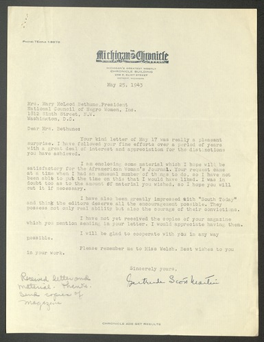 Correspondence regarding "The Aframerican Woman's Journal"