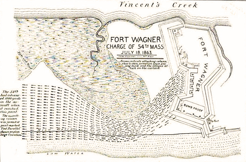 A map of the charge of the 54th Massachusetts at Fort Wagner, on July 18 1863. Vincent's Creek is at the top of the image, while Fort Wagner is depicted on the left. Low water is at the bottom of the image. Lines depicting soldiers maneuver around an inlet and head towards the fort from the right. 