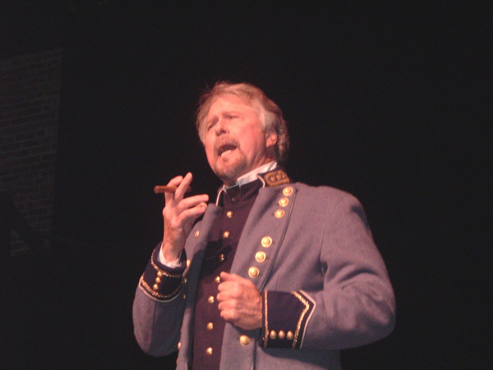 Mike Vouri holds forth as General George Pickett dui=ring an October 2006 performance at Fort Worden's Wheeler Theater.