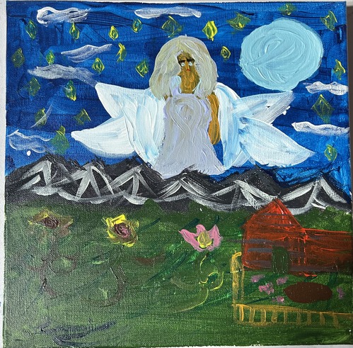 A painting of an angel wearing a white dress and white wings flying over a red building.