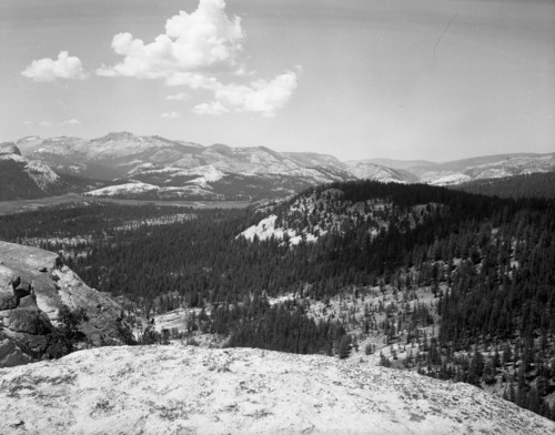 The wilderness of the Yosemite High Sierra to the west of Lembert Dome in Tuolumne Meadows with Mt. Hoffman and Tuolumne Peak in the left background.