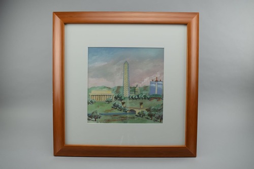 Print showing architect Michael Graves’ scaffolding design for the Washington Monument Restoration Project between 1997 and 2000. It depicts a scene of Washington, D.C., centering the scaffolded Washington Monument, with the Lincoln Memorial, Memorial Bridge, and Potomac River in the foreground, and the United States Capitol and mountains in the background. To the right of the Washington Monument, an easel holds a smaller image of the Washington Monument without scaffolding. At the bottom center, it reads “Washington Monument Scaffolding for Target” with the signature “Graves”. The bottom left corner notes “41/100” to describe the print number in the limited edition collection. The bottom right corner says “’98”.