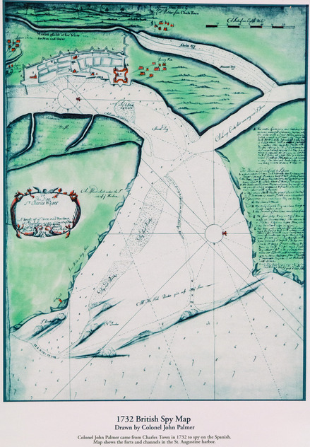 Drawing of St. Augustine and surrounding bayfront.  Green and blue colors uese.