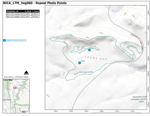 Map of repeat photo point locations for one of fifteen areas where long-term monitoring of sage-steppe vegetation occurs starting in 2011 in Bighorn Canyon National Recreation Area.