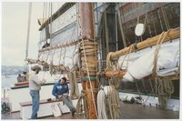 Alma (built 1891; scow schooner) in dry dock, circa 1989. Various views of Alma (built 1891; scow schooner) in drydock.