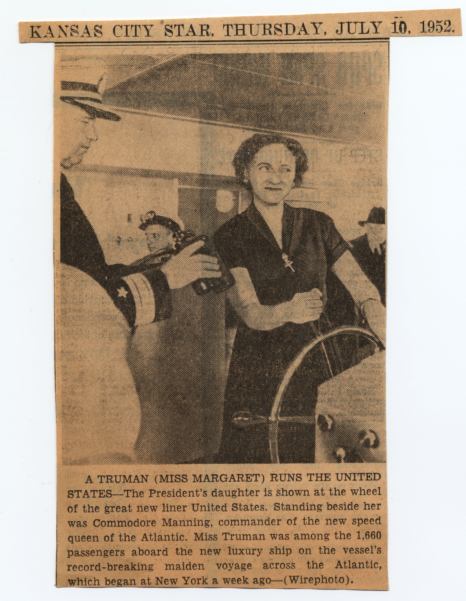 A newspaper clipping with a photograph of Margaret Truman and a caption.