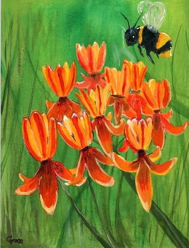 student artwork - painting of a bee landing on orange flowers