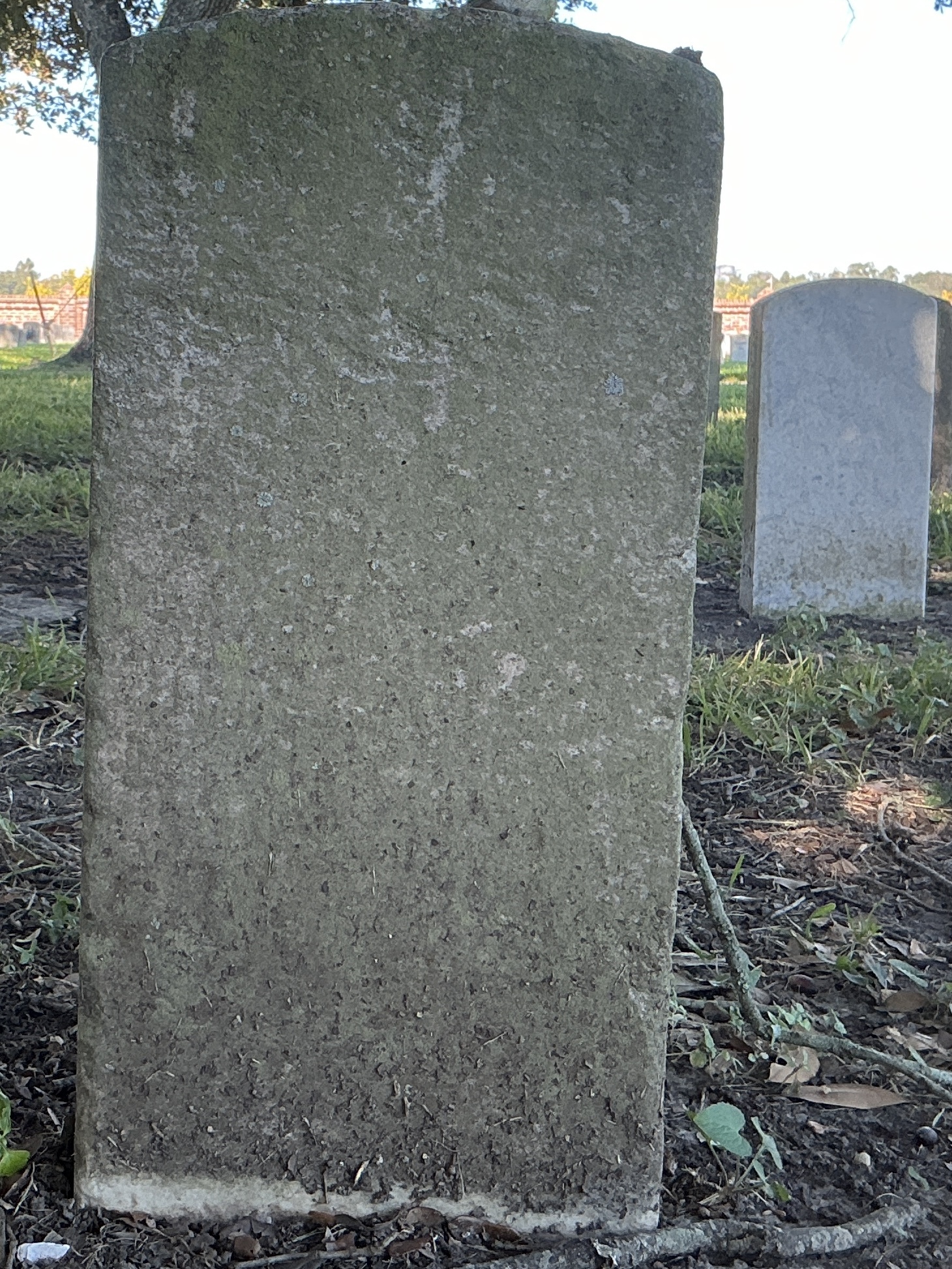 Back of historic upright marble headstone with recessed shield face.