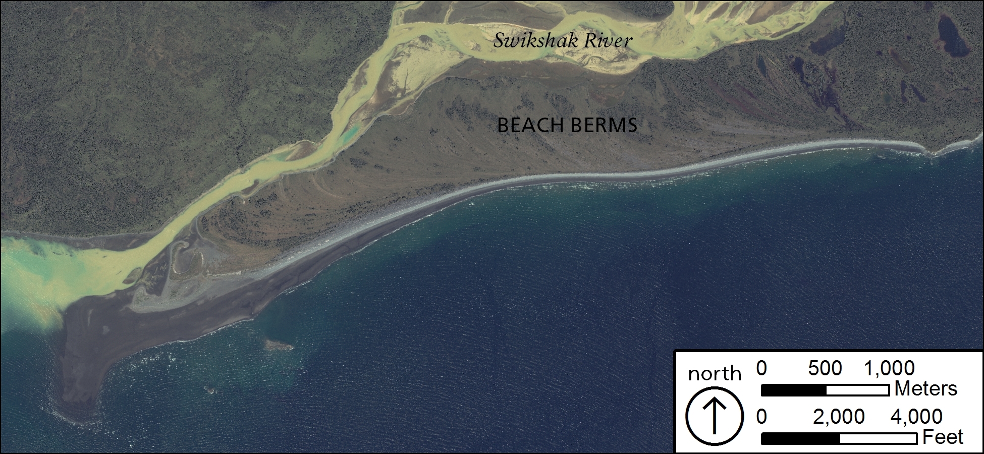 Satellite image of beach berms forming at the outlet of the Swikshak River. 