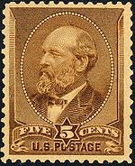 stamp is yellow with  James A. Garfield face in the middle