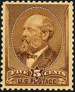 stamp is yellow with  James A. Garfield face in the middle
