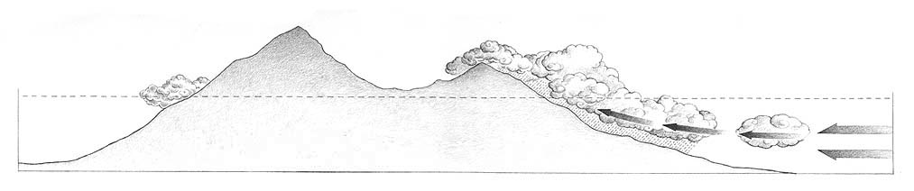 Precipitation pattern: wet verses dry. An elevation diagram of east Maui, illustrating the precipitation pattern and areas of relative wetness and dryness.