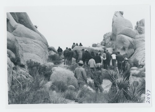 Black and white image of conducted walk in Indian Cove and Rattlesnake Canyon