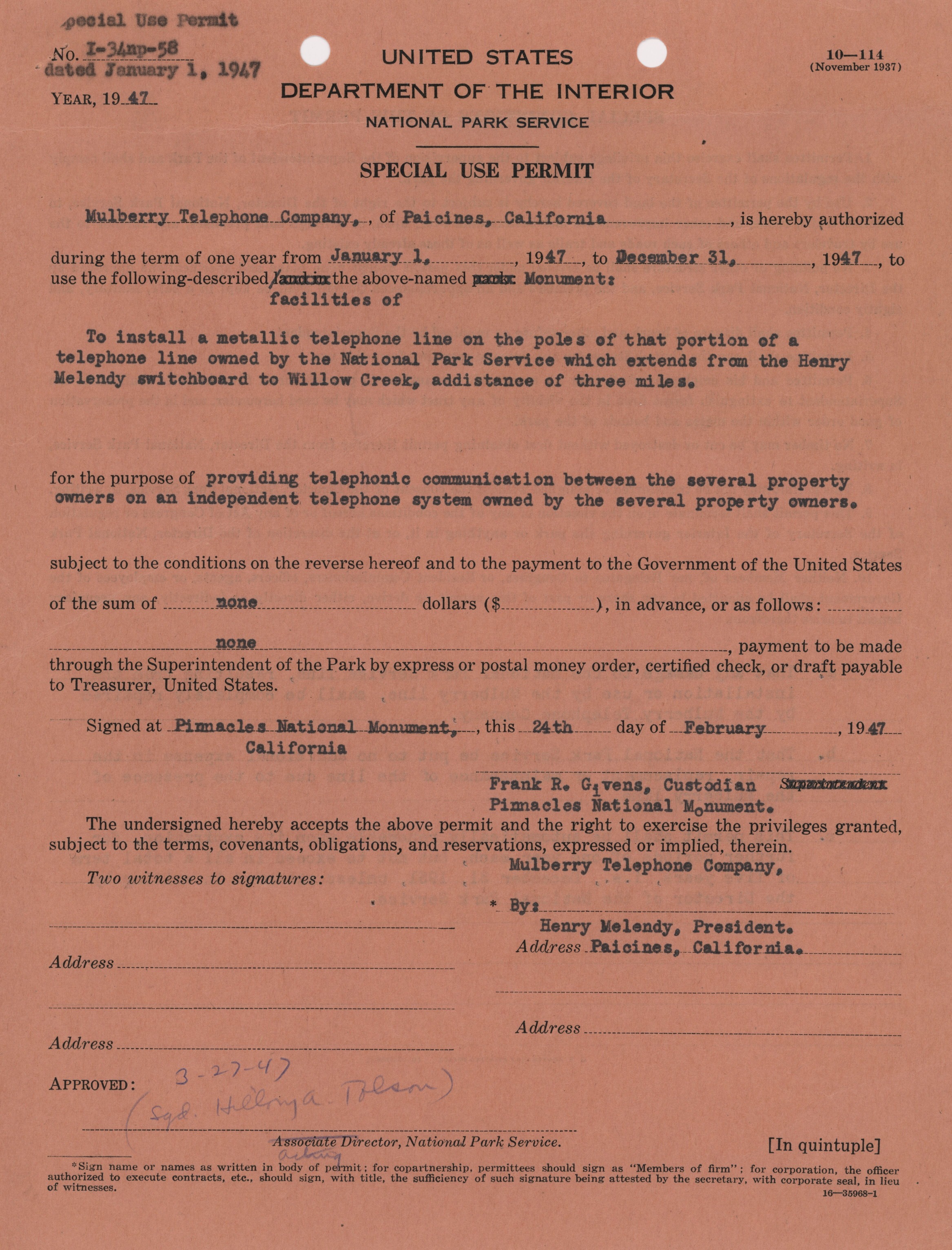 Mulberry Telephone Company Telephone Line Installation Special Use Permit