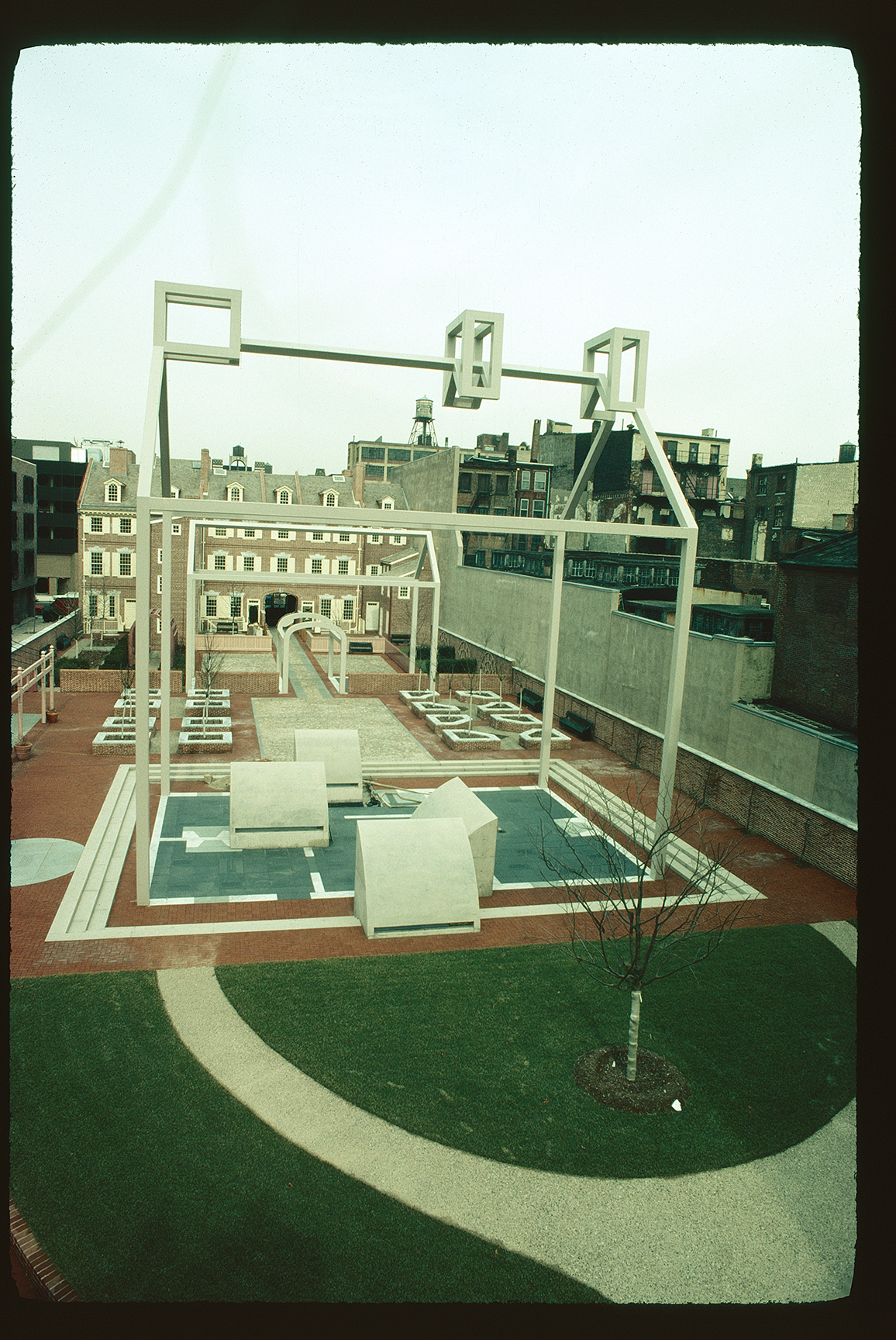 Franklin Court. Low aerial view. Looking northeast from behind ghost house, towards Market Street.