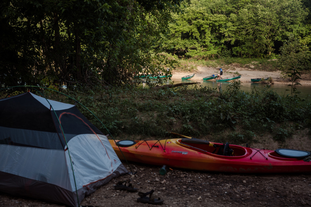 Camp set up on a gravel bar along the river