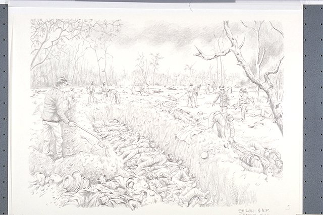 Illustrated scene depicts a Federal burial detail burying Confederate dead in a mass grave after the Battle of Shiloh.