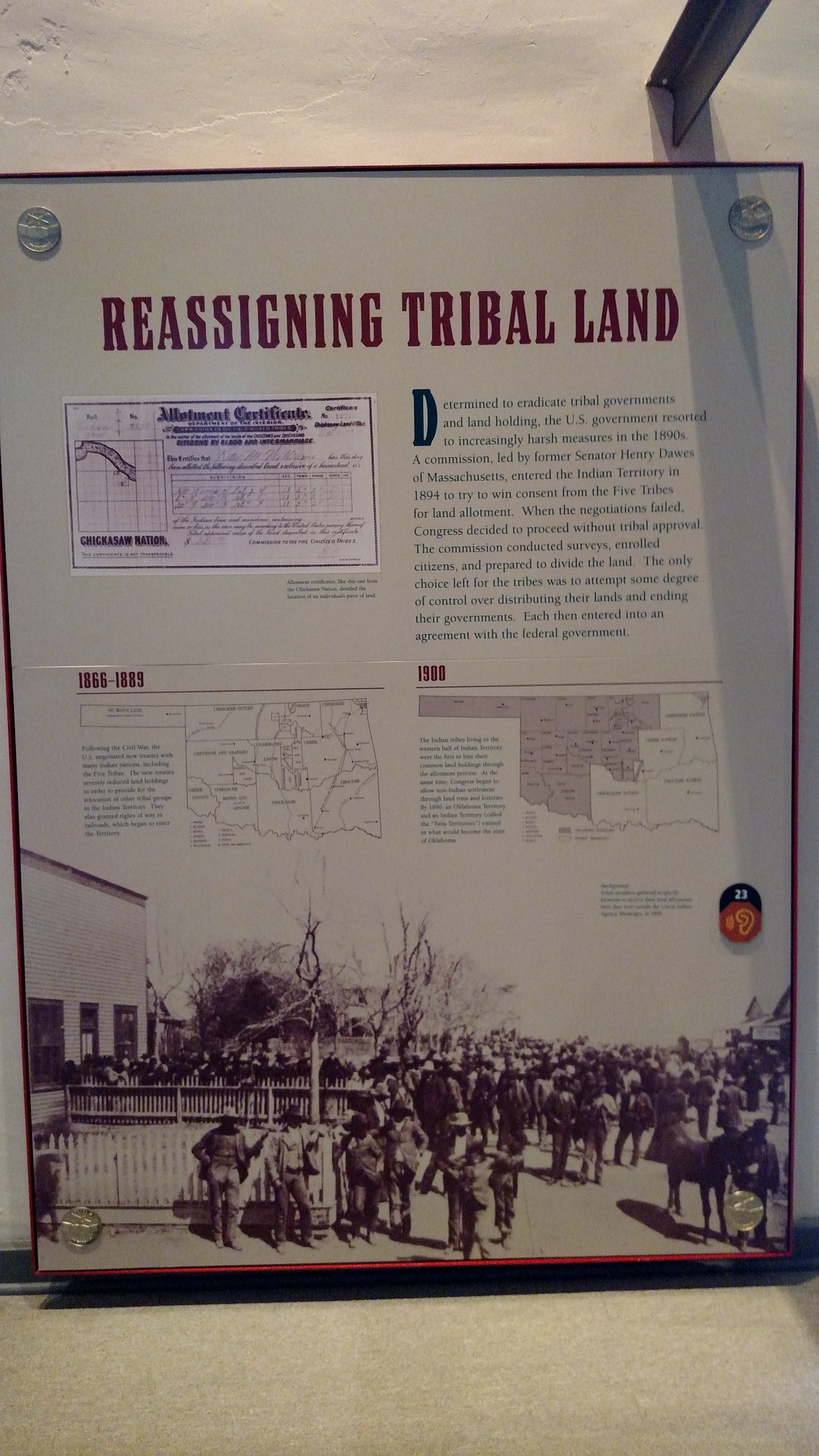 Reassigning Tribal Land exhibit panel at the Fort Smith National Historic Site Visitor Center Museum in Fort Smith, Arkansas