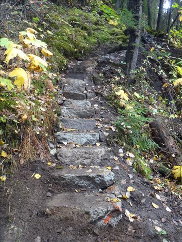 Construction of final staircase on Saintly Hill on Chilkoot Trail in September 2012