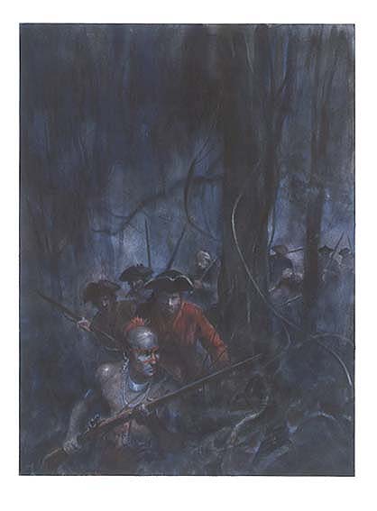 Scene depicts a Seneca scout leading Colonel George Washington and 40 men from the Virginia Regiment through the woods to find a group of French soldiers camped nearby.