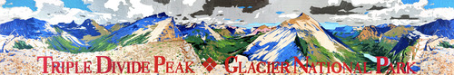 A duck tape and painters tape art piece of the view from Triple Divide Peak. This features mountains stretching into the distance in the background, a lake in the background, rocky terrain in the foreground and clouds in the sky. The foreground also has the words "Triple Divide Peak. Glacier National Park" in red.