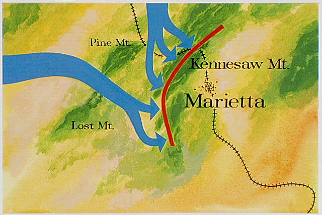 Map showing Major General James B. McPherson, commander of the Army of the Tennessee; Major General George H. Thomas, commander of the Army of the Cumberland; and Major General John M. Schofield, commander of the Army of the Ohio
