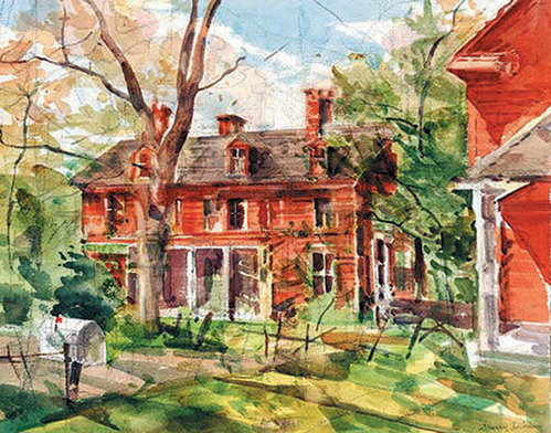 A painting of two red buildings both with white trim on a sunny day.