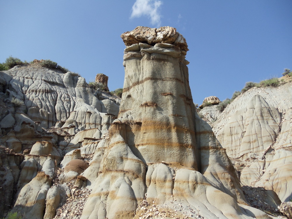 A hoodoo, or column, topped by a large piece of petrified wood.