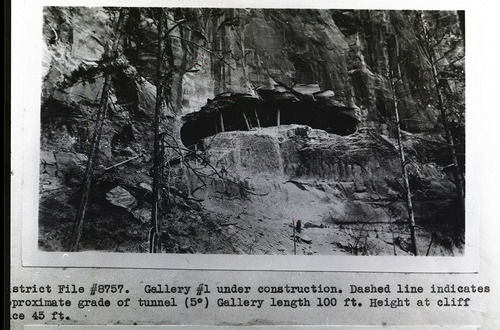Tunnel under construction dashed line indicates approximate grade of tunnel (5) gallery 100ft height at cliff face- 45ft.