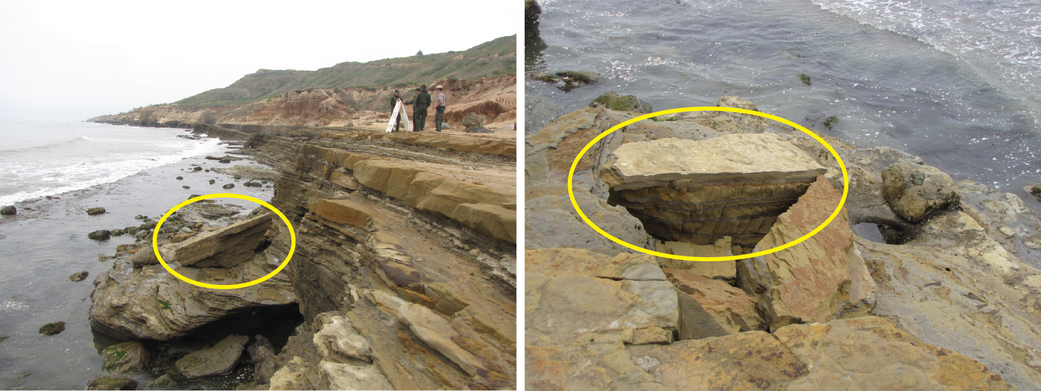 Two photographs of cliff failure showing the side and overhead view of a large (about 0 ft long) chunk of sandstone that collapsed. 
