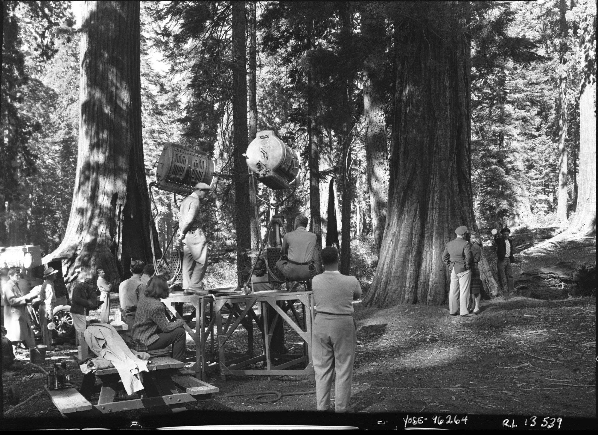 Taking a scene for "Thrill of a Romance" by MGM in the Mariposa Grove. Starring Van Johnson, Esther Williams & Lauritz Melchior.