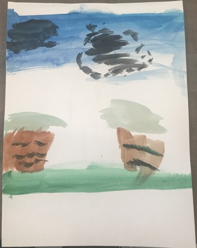 A painting of several trees under a blue sky with black clouds.