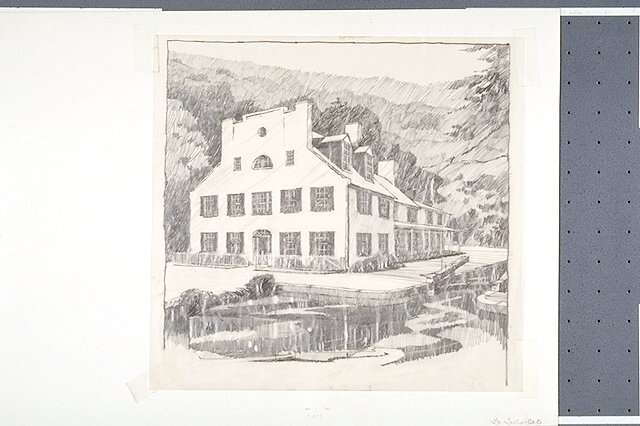 Historical pencil drawing of Great Falls Tavern (Crommelin House).
