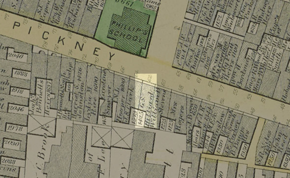 1874 map with G.S. Hillard's home highlighted.