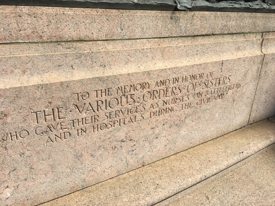 An inscription on the Nuns of the Battlefield Memorial memorializes the nurses and nuns who served during the Civil War