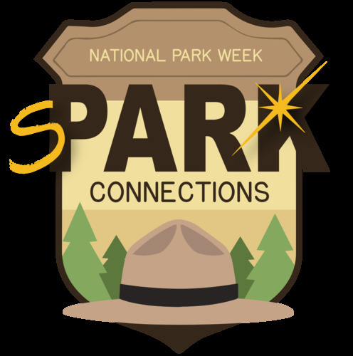 National Park Week logo in the shape of a badge. Text reads, "Spark Connections" with a graphic of a ranger flat hat and forest below.