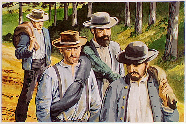 Defeated Confederate soldiers walking down a road.