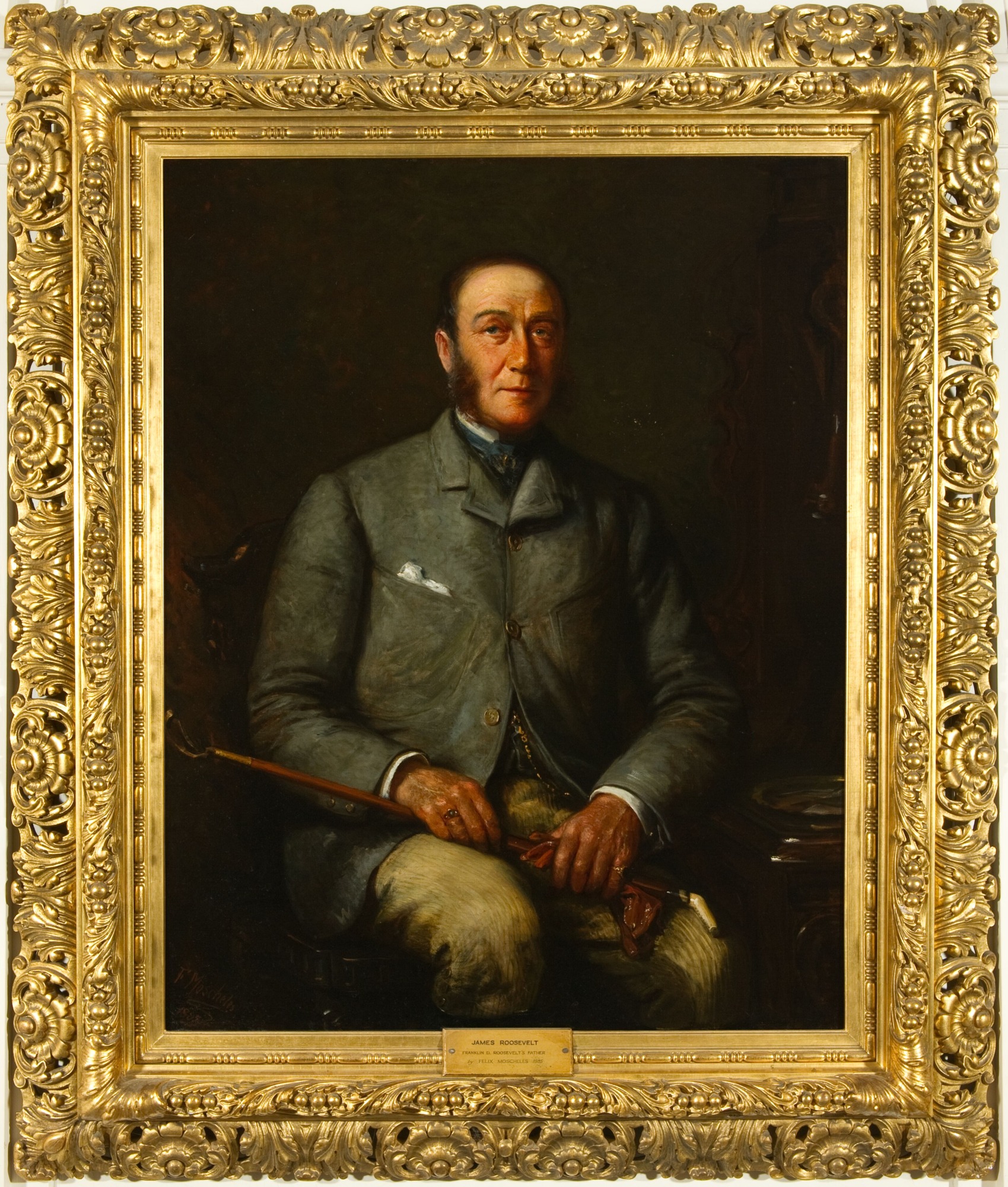 A painted portrait of a seated gentleman holding a can and leather gloves.