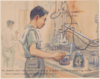 Man stirring liquid in a beaker with chemist equipment surrounding.