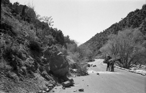 BW photo of rock slide near Echo Rock - 2.5" x 2.5".