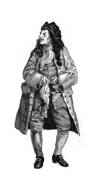 An 18th century well-dressed, bowlegged gentleman, perhaps representing a doctor or physician, using a handkerchief to clean his spectacles (eyeglasses).