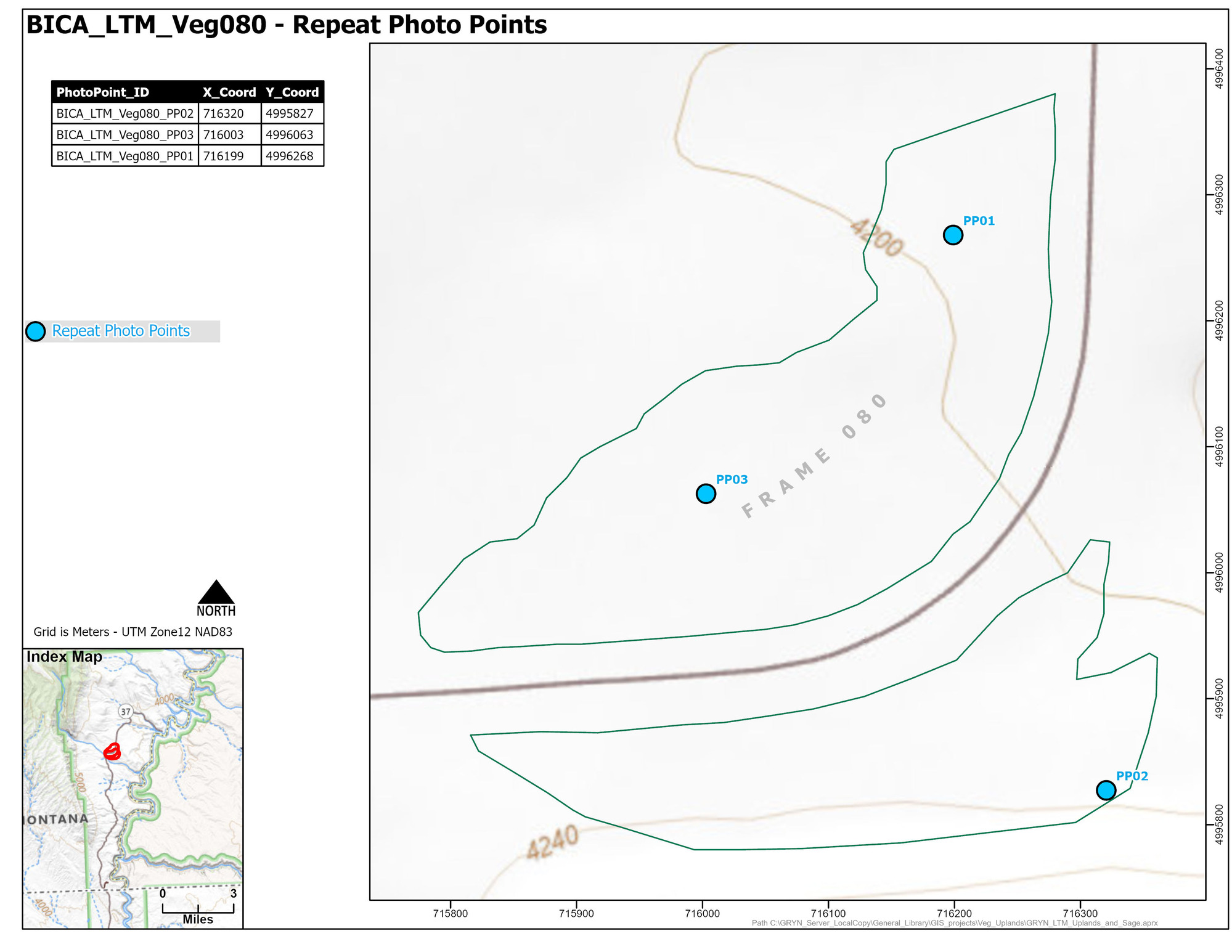 Map of repeat photo point locations for one of fifteen areas where long-term monitoring of sage-steppe vegetation occurs starting in 2011 in Bighorn Canyon National Recreation Area.